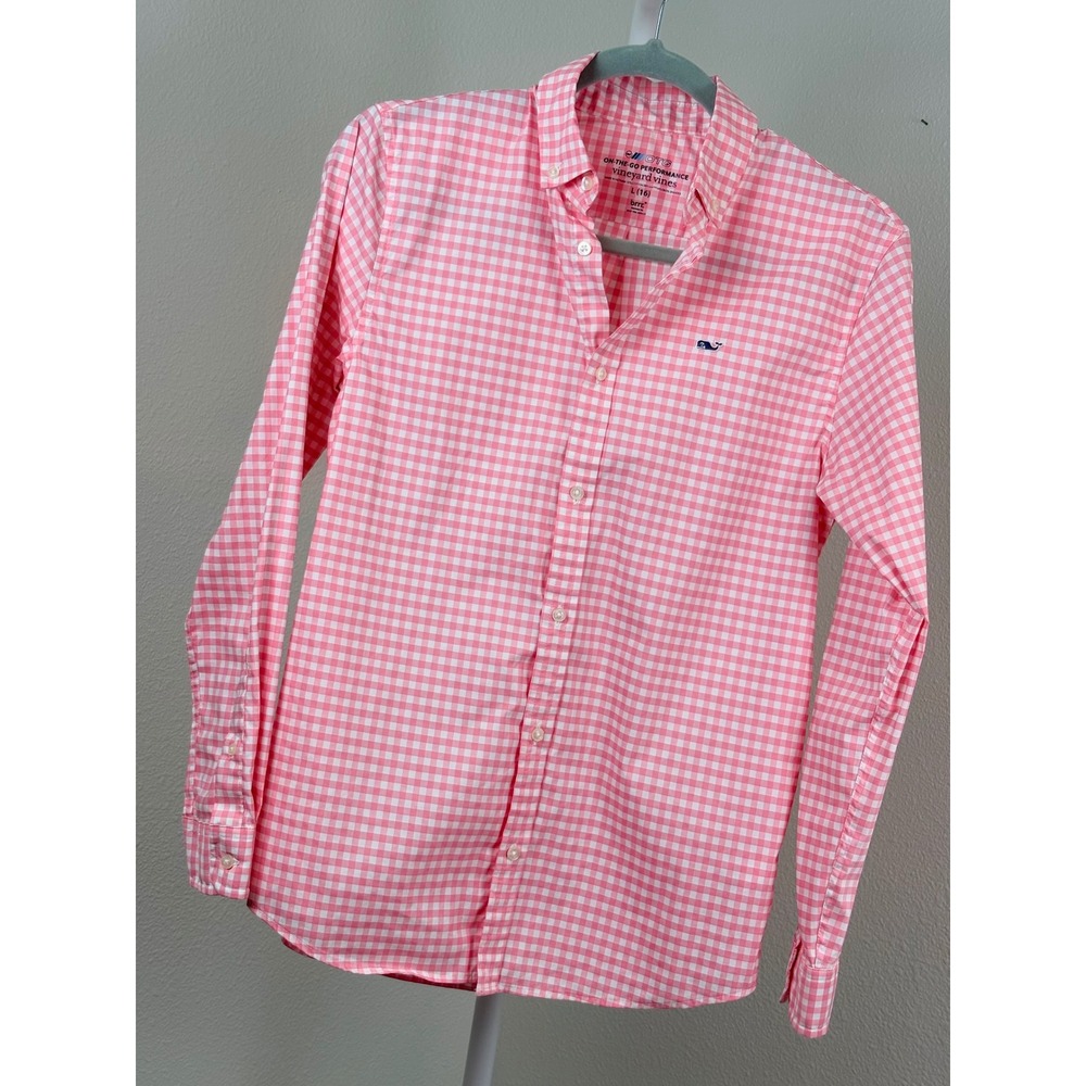 Vineyard Vines Boys On-The-Go Performance Gingham Shirt Pink White Large 16